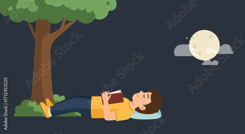 Contented Person Relaxing Under a Tree Reading While Observing the Moonlight
