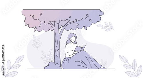 Contented Woman Finds Solace Reading Under a Shady Tree in a Vector Illustration