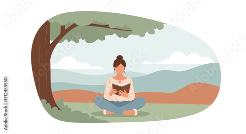 Contented Reader Relaxing Under The Tree Immersed In A Tranquil Nature Setting