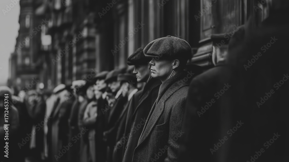 Naklejka premium Group of Men in Vintage Flat Caps Standing in Line Black and Whi