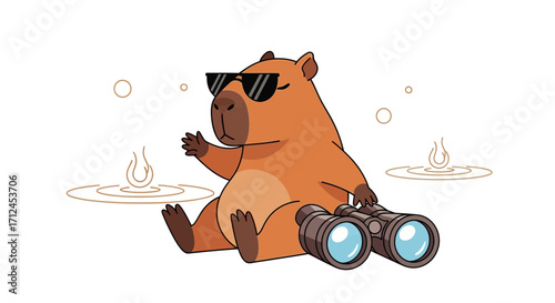 Cool Capybara Wearing Sunglasses Relaxing With Binoculars Near Watery Ambiance