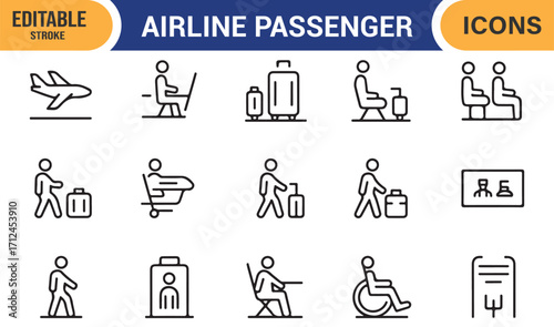 Editable stroke icons of air travel passengers for tourism and transport projects