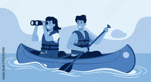 Couple canoeing and enjoying the scenery on the lake with binoculars and paddles