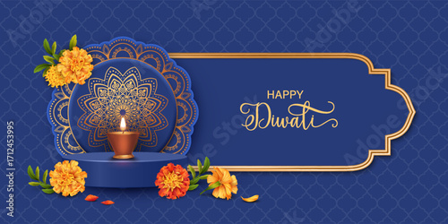 Diwali Festival Banner. Traditional Indian background with diya lamp on podium, golden frame and marigold flowers