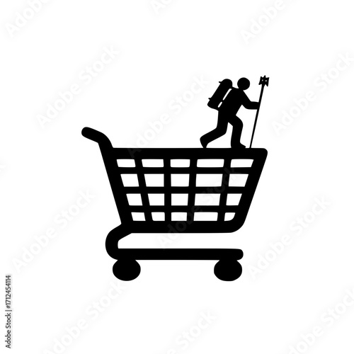 Climbing man inside shopping cart symbolizing challenge and ambition in consumer journey