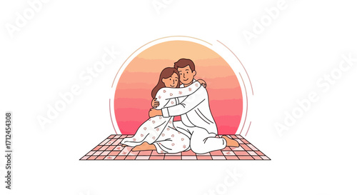Couple Embracing With The Sunset, Love and Illustration of Romance in Modern Design Style