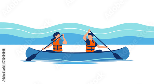 Couple enjoying a day of paddling in a canoe on calming water, vector illustration