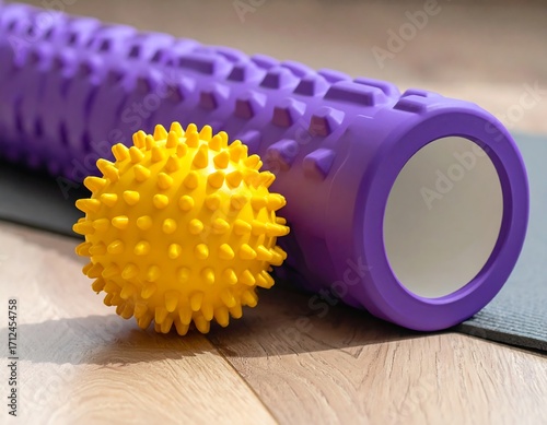 Purple foam roller and yellow massage ball