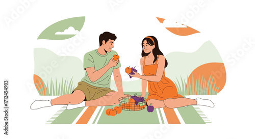 Couple Enjoying Intimate Picnic Amidst Nature, Sharing Fruit and Moments in Harmony