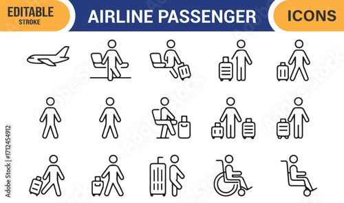 Outline stroke icons of travelers with luggage, boarding, and flight symbols