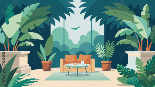 A cozy reading nook surrounded by large potted ferns and tropical trees creating a peaceful escape in the midst of the concrete jungle.