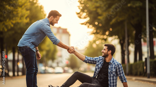 Man Helping Another Man Up From The Ground Outdoors