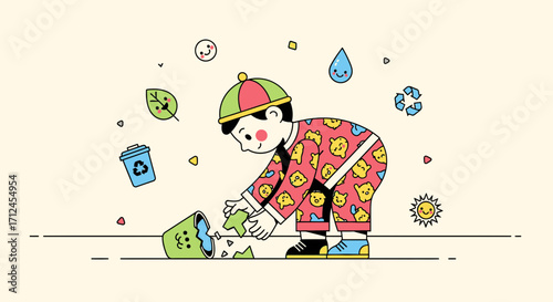 Child Embraces Environmental Efforts Cleaning Up Waste and Promoting Sustainability Themes