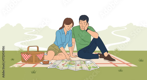Couple Enjoying Picnic And Planning Adventure Trip Together On A Sunny Day