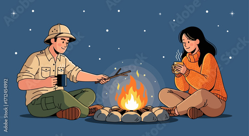 Couple Enjoying Peaceful Campfire Under The Stars With Warm Drinks And Good Moments
