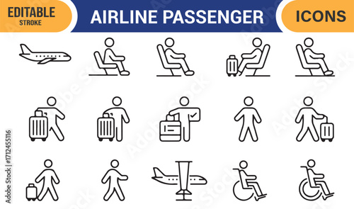 Vector airline passenger icons for transportation, tourism, and airport design