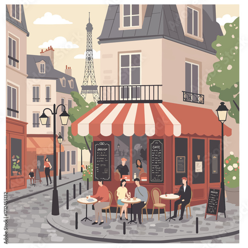 Vector Illustration of Parisian Cafe Scene with Outdoor Seating and Eiffel Tower in Modern Style