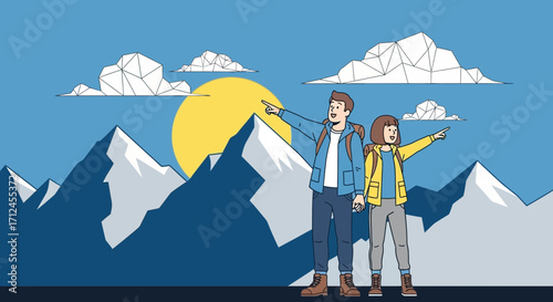 Couple Exploring Mountain Panorama Together, Discovering Breathtaking Landscape View