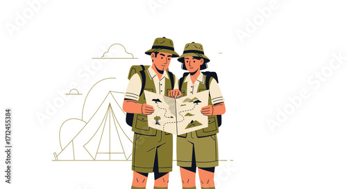 Couple Exploring Map Outdoors Near a Tent Depicting Adventure and Exploration