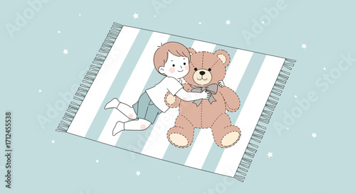 Child Embracing Plush Teddy Bear On a Striped Rug, Embracing Childhood Nostalgia