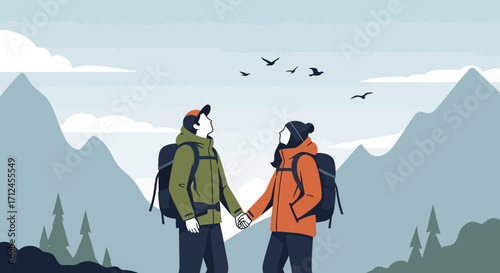 Couple Hiking Amidst Mountains And Birds: A Journey Of Togetherness And Exploration