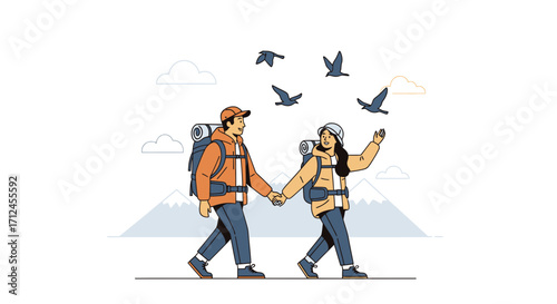 Couple Hiking Together on a Mountain Trail, Enjoying the Scenery and the Outdoors