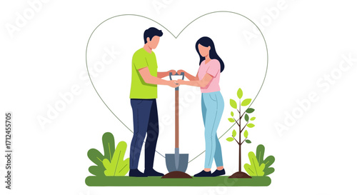 Couple Joint Efforts Planting New Life Showing Commitment and Shared Future Together