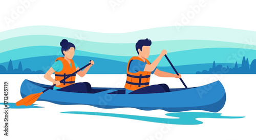 Couple Kayaking in Nature, Enjoying Recreational Water Activities, Vector Illustration