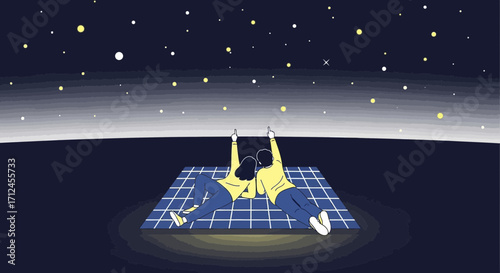 Couple Laying Down Under The Beautiful Night Sky Looking At The Stars Together