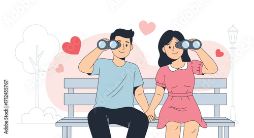 Couple Looking To The Future Together Through Binoculars In The Park