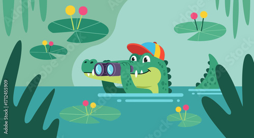 Curious Crocodile with Binoculars Explores Its Aquatic Environment in Whimsical Illustration
