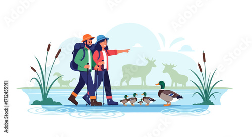 Couple Outdoors Enjoying Stroll By The Lake, Deer Silhouettes And Duck Family