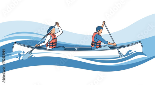 Couple Paddling Together on Calm Waters in a Canoe, Enjoying a Sunny Day Adventure
