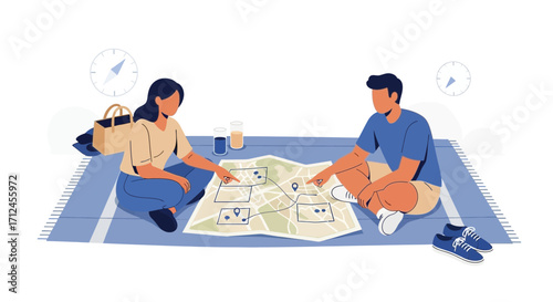 Couple Planning Travel Adventure, Exploring Destination with Map, Travel and Exploration