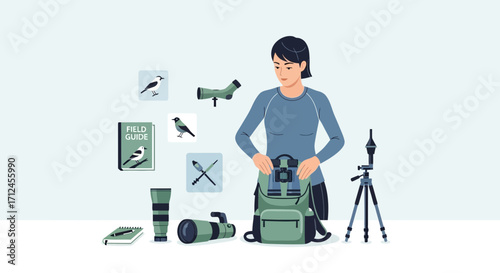 Bird Watching Enthusiast Preparing Her Gear for Nature Observation Adventure Expedition