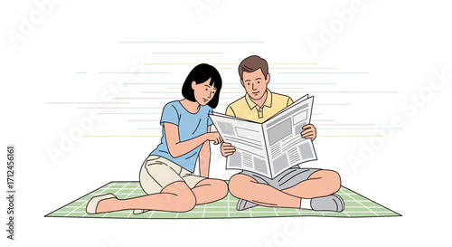 Couple Reading News On A Picnic Blanket Enjoying Leisure Time Together
