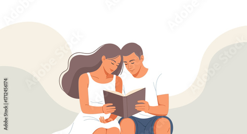 Couple Reading Together Enjoying Intimate Moments, Reading Lovers with Illustrated Background