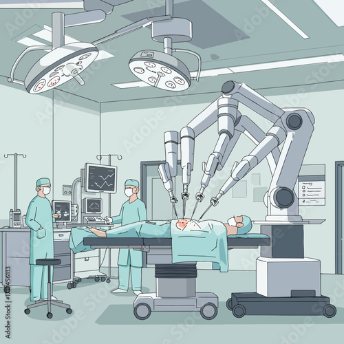 Vector Illustration of Surgical Robot in Operating Room in Modern Medical Style with Cool Blue and Gray Colors