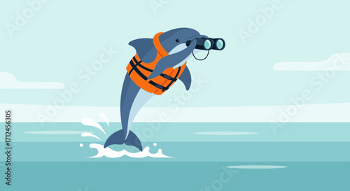 Curious Dolphin Observing The Ocean Through Binoculars With Safety Vest