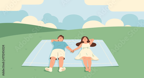 Couple Relaxing Together, Enjoying Serene Moment Lying On Picnic Blanket Under The Sky