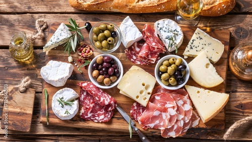 An Exquisite Selection: Indulge in a Gourmet Cheese and Charcuterie Board, Paired with Olives and Fresh Bread, a Delightful Culinary Experience.