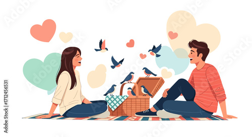 Couple Sharing a Blissful Picnic with Birds, Symbolizing Love And Connectedness