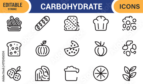Vector outline icons of carbohydrate-rich foods including rice, pasta, and toast