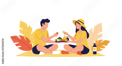 Couple Sharing Fruits During Picnic Enjoying Outdoor Leisure Time Together in Sunshine