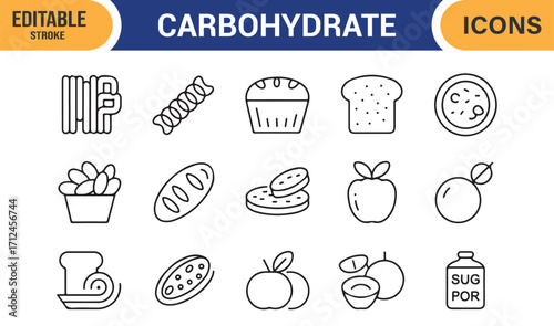 Editable stroke carbohydrate icons featuring wheat, bread, and pizza slices