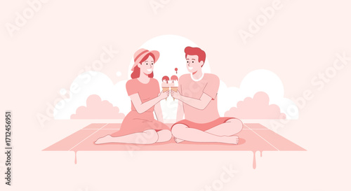 Couple Toasting With Ice Cream Cones During A Romantic Summer Picnic Celebration