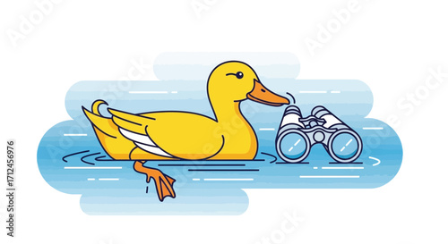 Curious Duck Observing The Surroundings With Binoculars, Isolated Vector Illustration