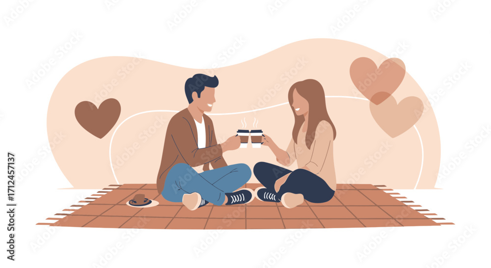 Fototapeta premium Couple's Relaxed Moments: Enjoying Coffee and Each Other's Company on a Picnic