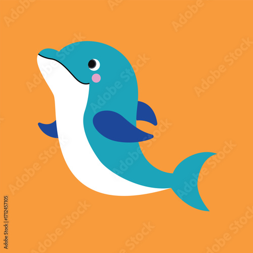 Cute cartoon dolphin illustration with playful expression, blue fins, pink cheeks and bright orange background, ideal for kids’ books, nursery art, educational projects, marine life designs, and creat
