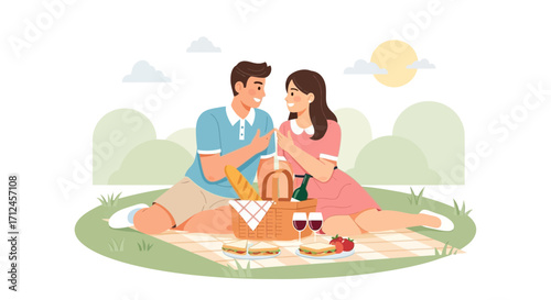 Couple's Delightful Picnic Amidst Nature's Embrace, Illustrating Tender Moments and Shared Joy